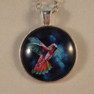Silver Mystical Hummingbird Cabochon Pendant Chain Necklace Party Gift